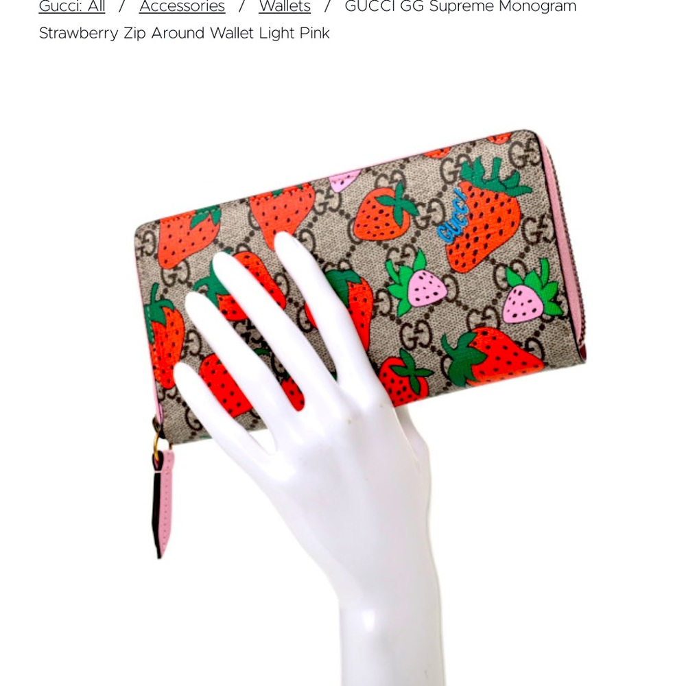 GG Supreme Monogram Strawberry Zip Around Wallet Light Pink